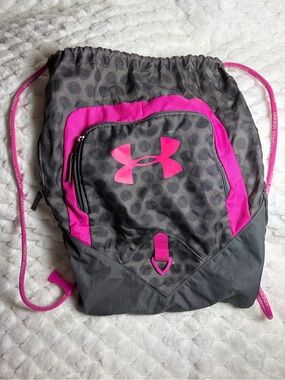 Under Armour Gray and Hot Pink Drawstring Backpack with Leopard Print